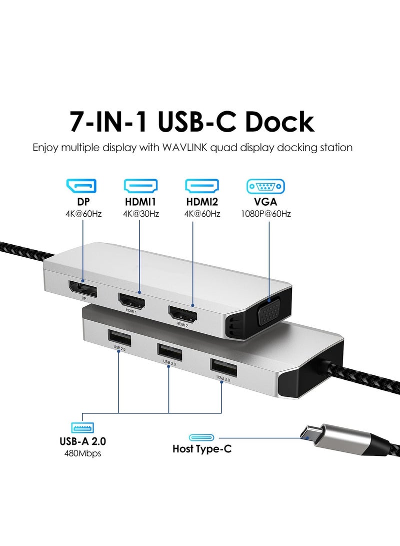 محول  USB C إلى HDMI مزدوج 4K 60Hz، محطة إرساء USB C 7 في 1 مع 2 HDMI Displayport VGA Hub، مقسم USB C لعرض 4 شاشات، محطة إرساء USB C لجهاز MacBook Lenovo Yoga - Image 2